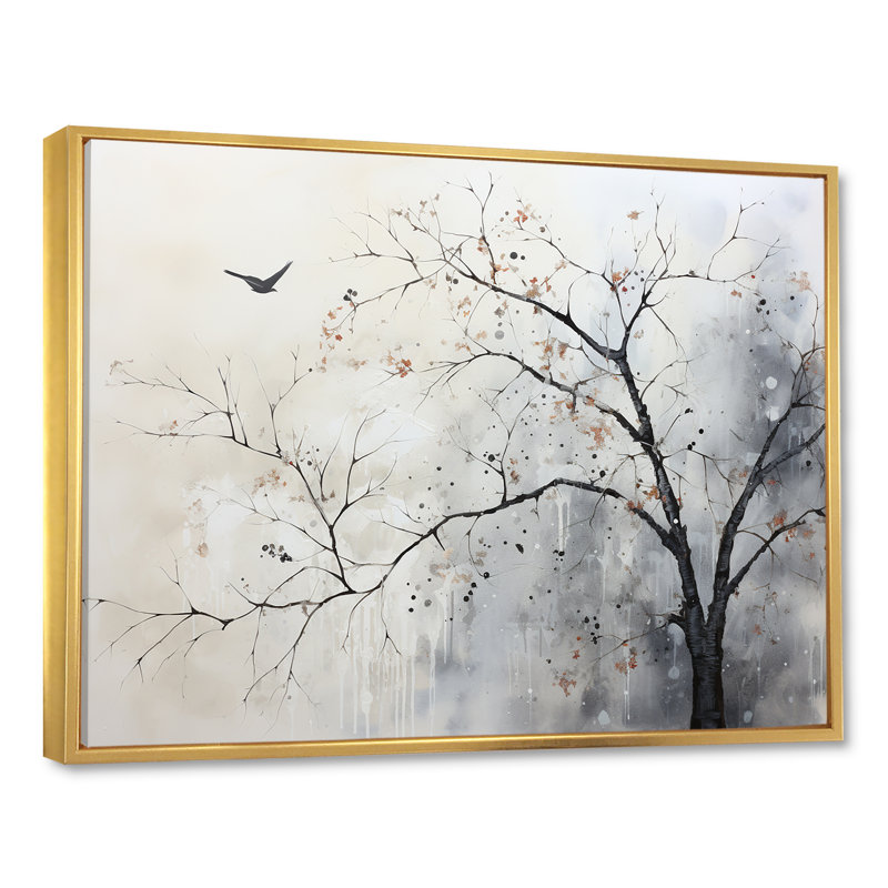 Minimalisme, oiseaux monochromes sur branche I - art mural arbres, H 24 po x l 32 po x P 1 po, Cadre flottant doré