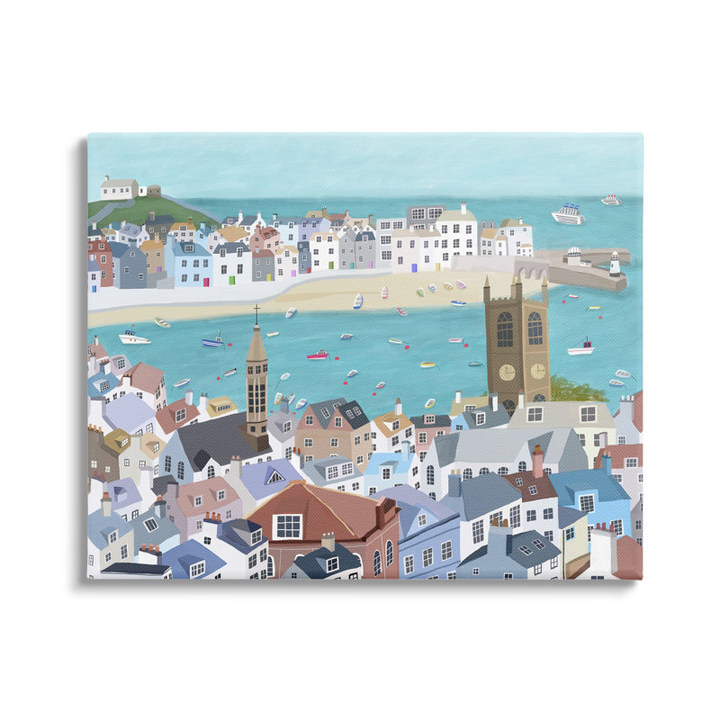 " Beach Town City Buildings Ocean View Illustration " by Carla Daly, Wrapped Canvas, 20" W x 16" H
