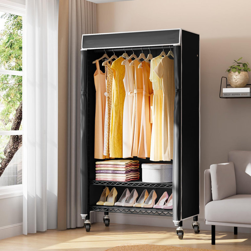 Black Portable Rolling Clothes Rack with Gray Cover