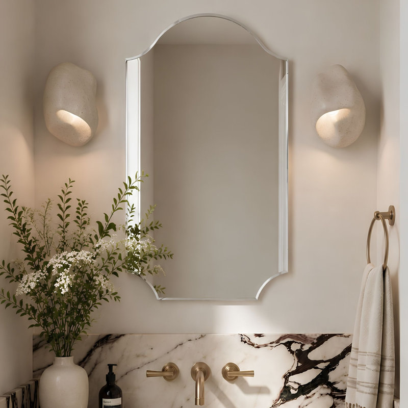 Airius Decorative Scalloped Bathroom Vanity Mirrors, Arched Wall Mirror, Chrome, 36" x 24"