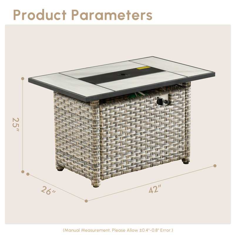 Rectangle Rattan Outdoor Propane Firepit Table, With Lid And Lava Rocks 50,000 Btu, 25" H x 42" W x 26" D