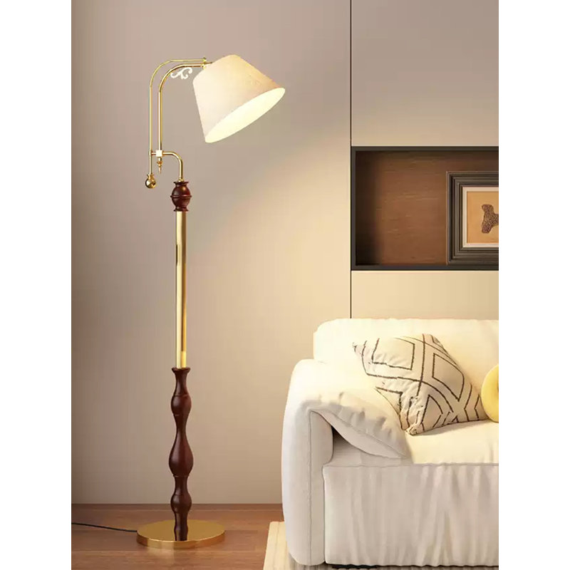 Lampe sur pied en métal, tissu et bois de style médiéval, Or/brun, Beige