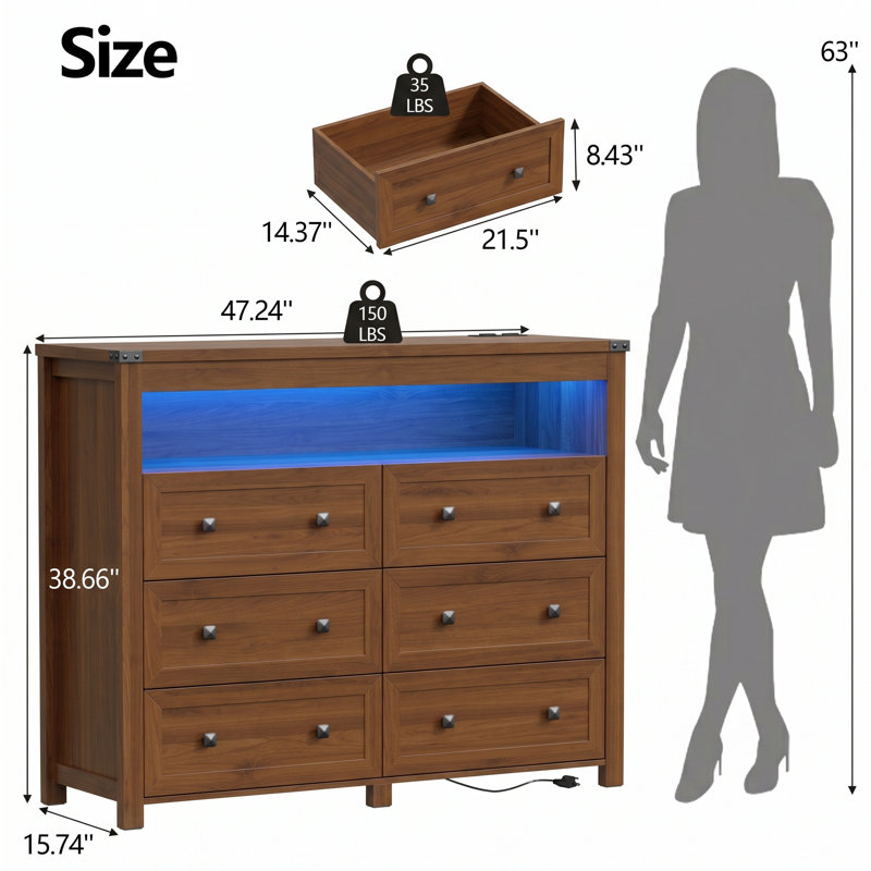 6 Drawer Dresser With Lights And Power Outlet, Walnut