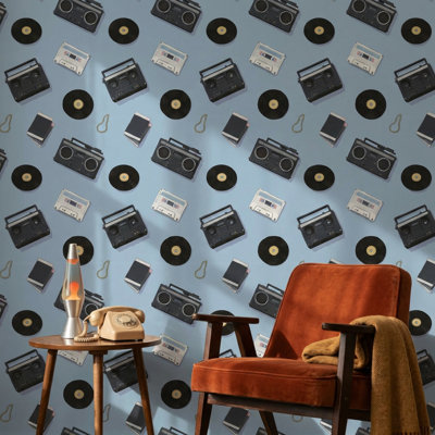 Retro Music Wallpaper Vinyl Cassette Decorative Mural