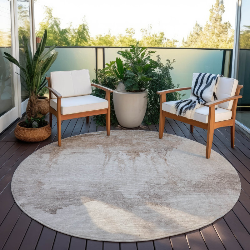 Machine Washable Indoor/Outdoor Xhevrie Taupe Rug, Round 8'