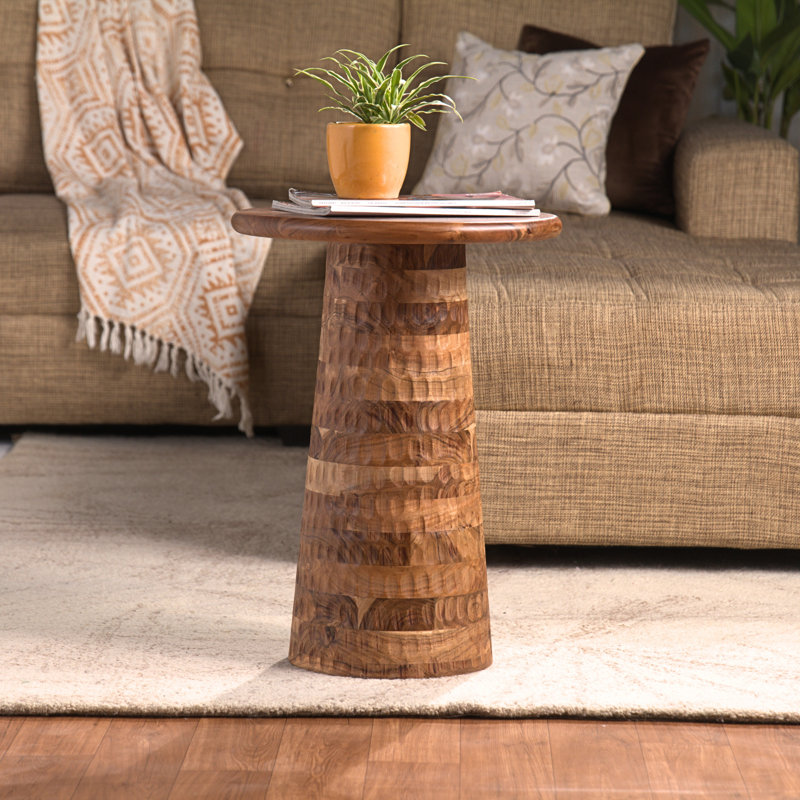 Hand-Carved Solid Wood Accent Round Top End Table, Natural