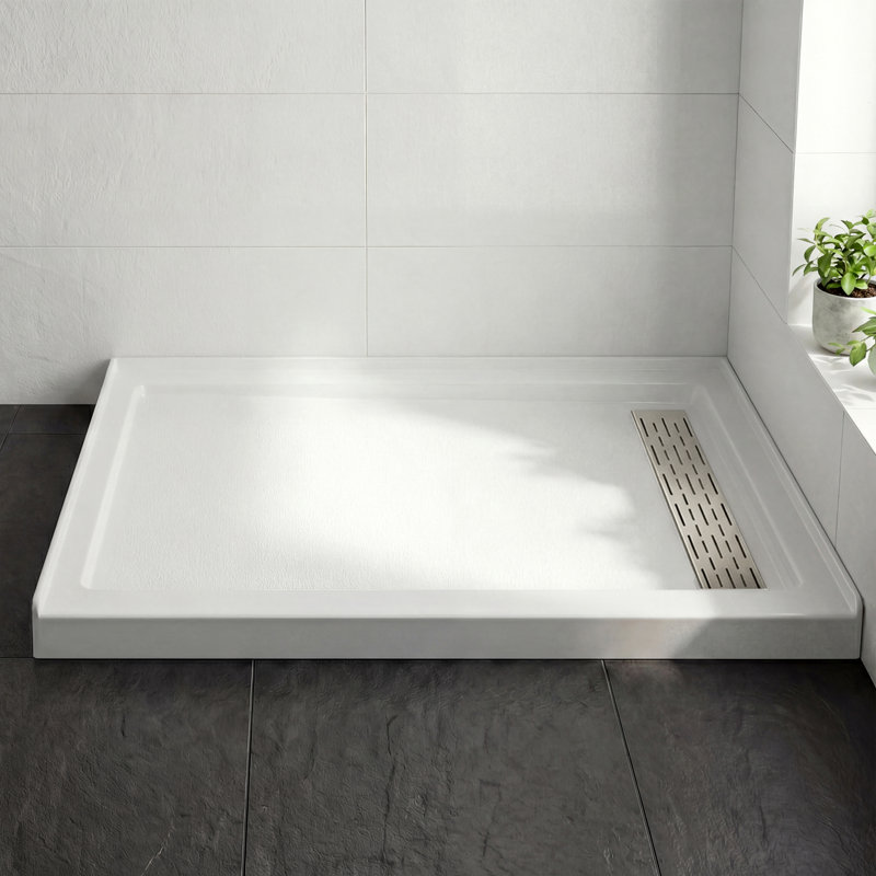 Base de bac de douche en acrylique 60 po x 32 po avec couvercle de drain linéaire en acier inoxydable, Drains à droite