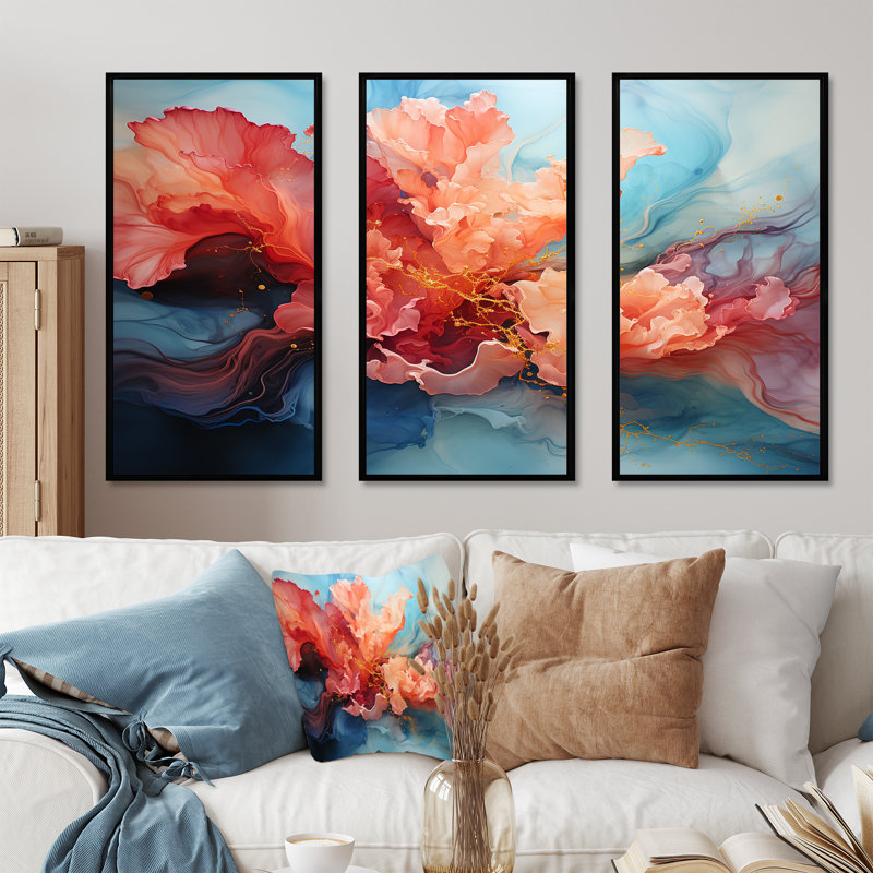 «Orange and Blue Abstract Storm - Storms», ensemble d'art sur toile, Cadre flottant noir, H 32 po x l 48 po x P 1 po
