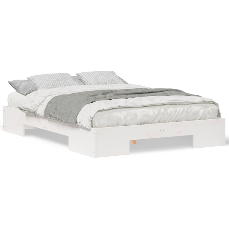 Floor Bed Frame With Storage Solid Pine Wood, White, Double (4'6)