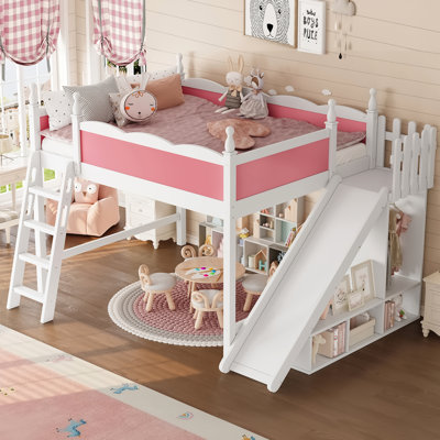 Grand lit mezzanine avec tablettes de rangement, garde-robe, glissade amovible, pin et blanc rose, contreplaqué de mobilier de chambre à coucher facile à assembler
