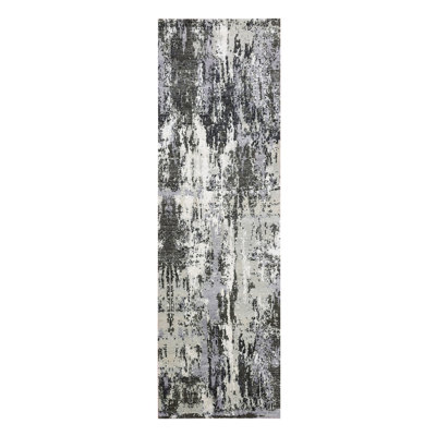 Tapis de couloir noué à la main 2 pi 6 po x 8 pi 3 po gris anthracite, conception abstraite moderne, laine et soie, tissage plus dense, B7E176AAFC0845CCA61D99835F91D1BC
