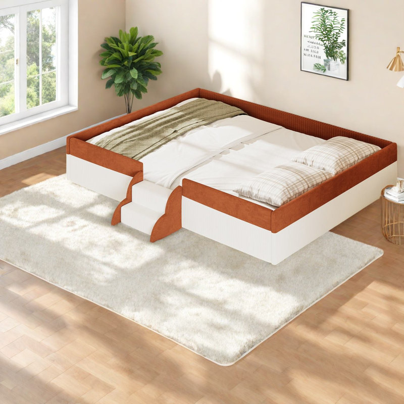 Grands lits intelligents à DEL, cadre de plancher moderne en bois aggloméré Corduroy