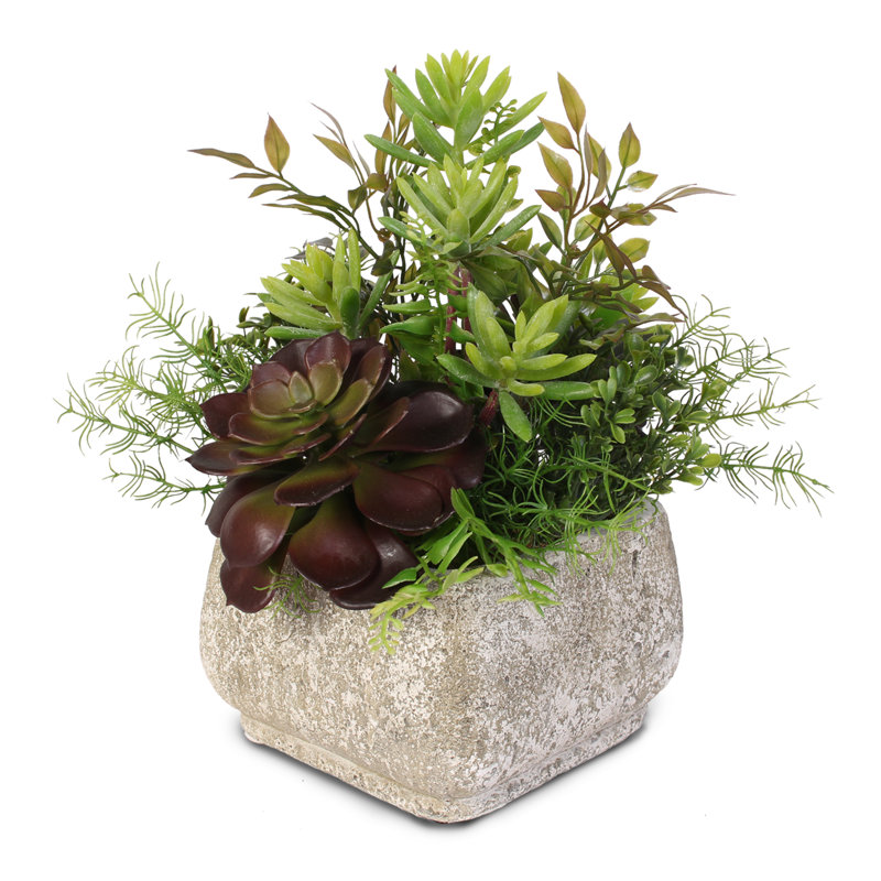 Green and Dark Brown Silk Succulent Arrangement in Stone Pot