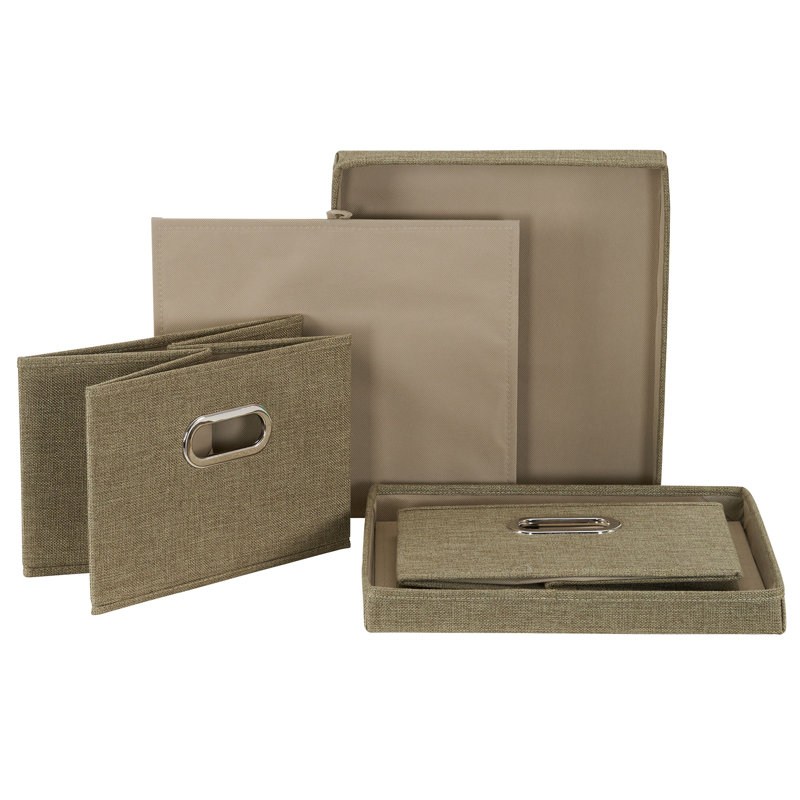 Storage Bins with Lids and Chromed Grommet Handles, Set of 2, Textured Linen Look, Olive Green, Olive Green