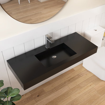 47'' Wall Mounted Stone Resin Rectangular Vessel Sink in Matte Black, Modern Bathroom Wash Basin with Faucet Hole