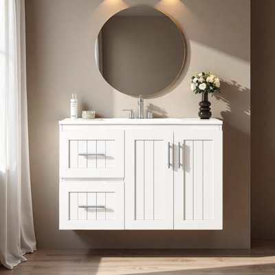 Meuble-lavabo mural 36 po, armoire de rangement flottante avec 2 tiroirs, lavabo simple en céramique 3 trous, armoire moderne avec tablette réglable