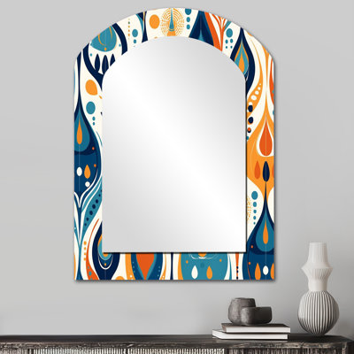 Orange et bleu Botanical Symphony II - grand miroir mural à arc abstrait, miroir décoratif asymétrique orange, impression d'art en métal