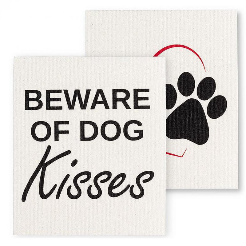 Set Of 2 Beware Of Dog Disses And Paw In A Heart Dishcloth