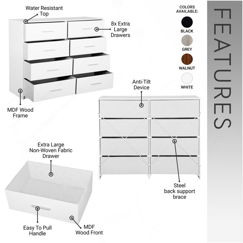 8-Drawer Dresser With Large Fabric Drawers, White, White