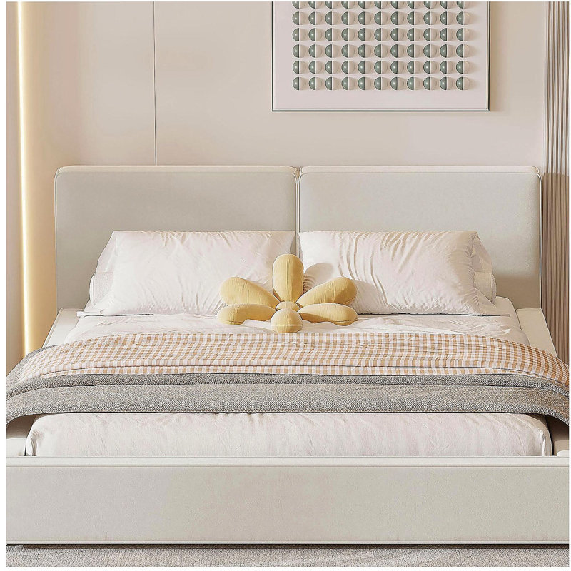 Grand lit plateforme en velours, lit de sol en velours, structure solide, Beige