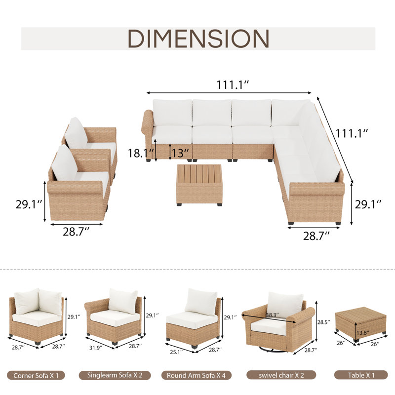 10- Piece Outdoor Sectional Seating Group With Cushions, Swivel