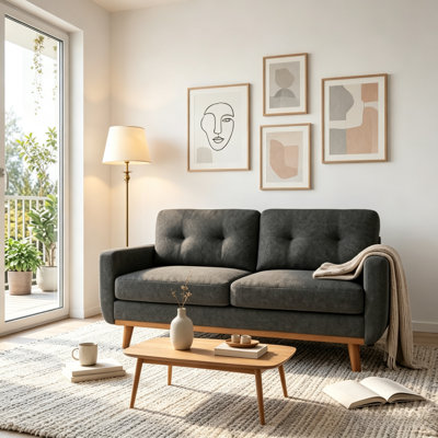 65" Dark Gray Faux Leather 2-Seater Sofa, Solid Wood Legs & Breathable Fabric