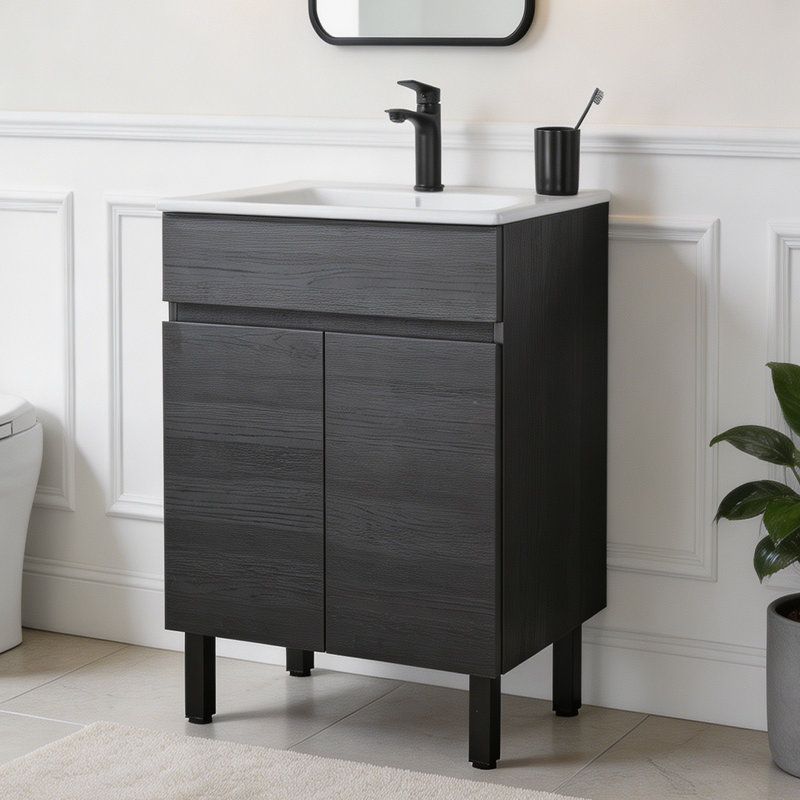 Meuble-lavabo autoportant de 61 cm (24 po) à motif de bois noir avec portes à fermeture amortie