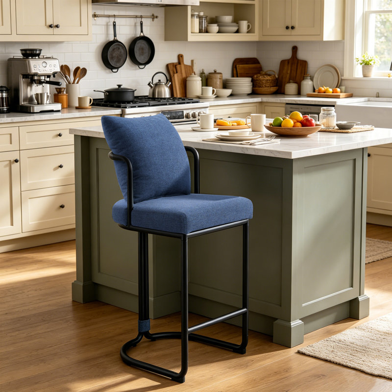 26'' Boucle Counter Stools With Backrest & Metal Frame, Modern Upholstered Bar Chairs For Kitchen Island, Blue