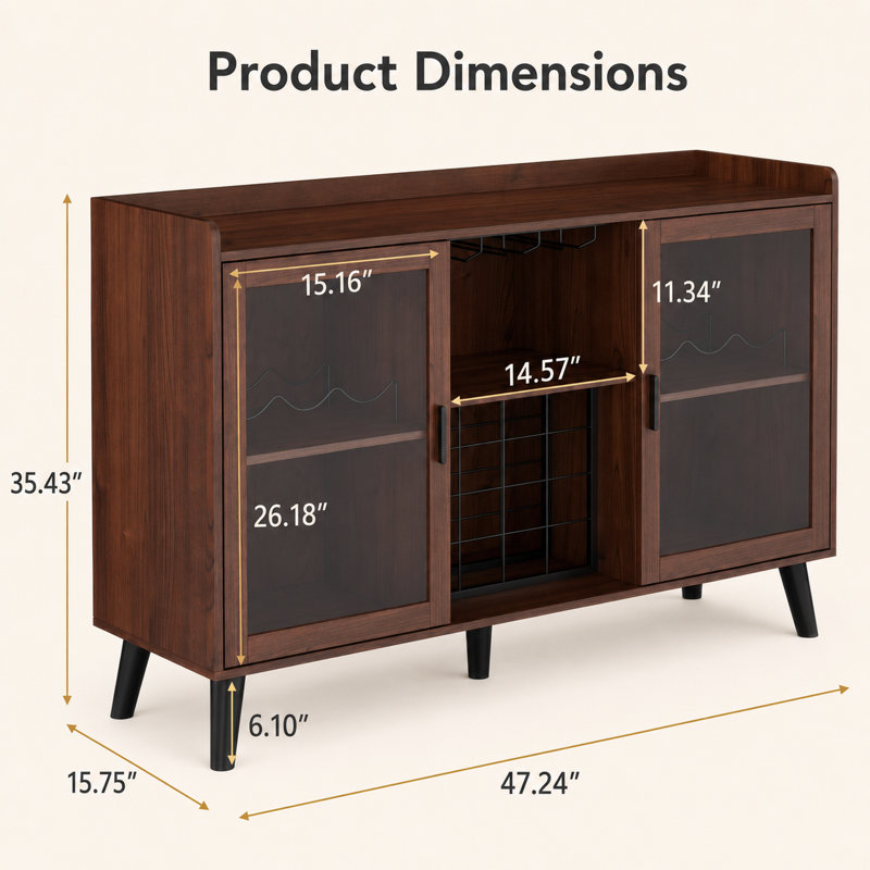 47'' W Walnut Sideboard Buffet Cabinet with LED Wine Rack, Open Storage Shelves and Metal Frame, Walnut