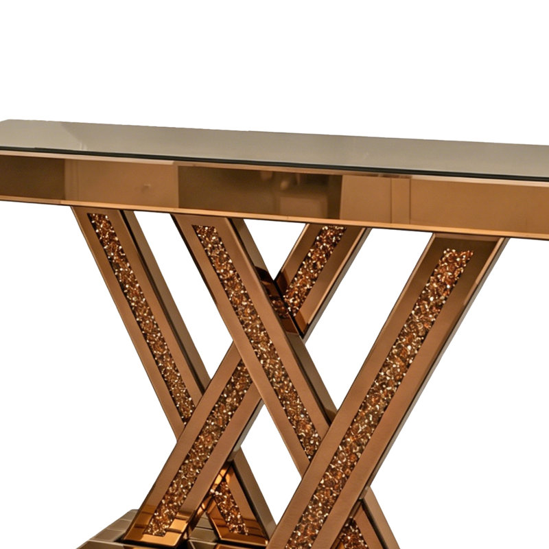 Console d'entrée moderne avec incrustations de diamants broyés et verre miroir, table de corridor, tables basses décoratives glamour