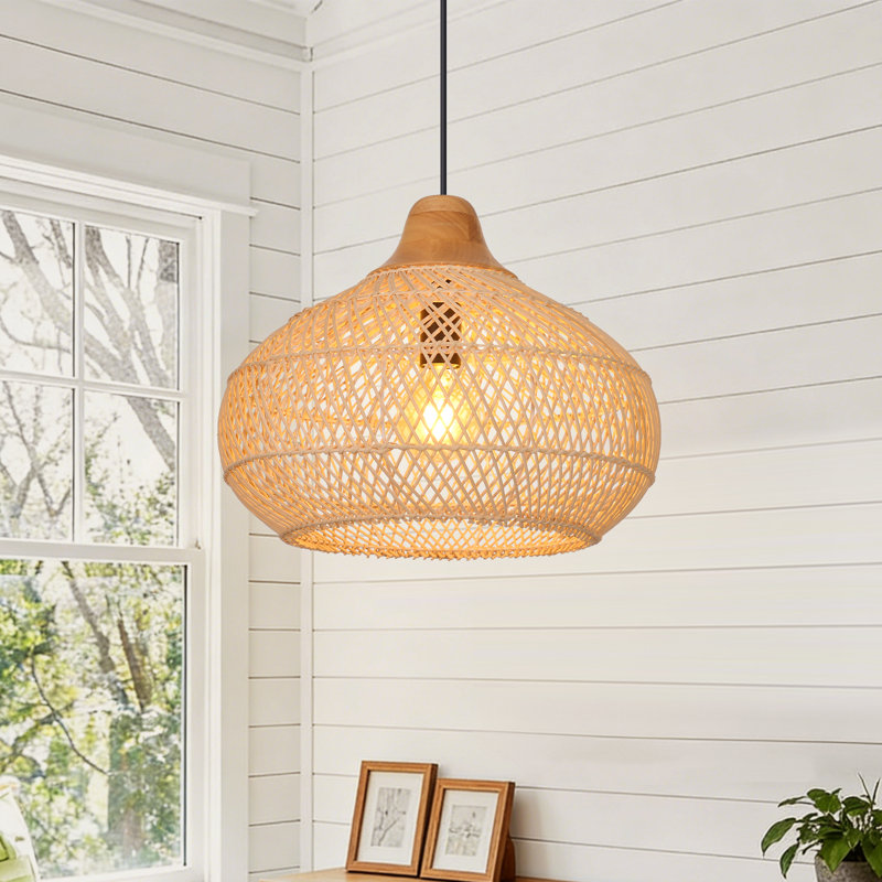 Natural Rattan Pendant Light for Kitchen Island, 12.6" H x 15.75" W x 15.75" D