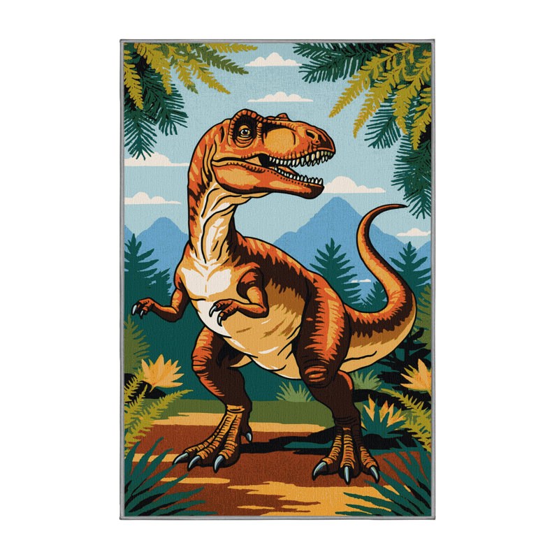 Machine Washable Dinosaurs Brown Area Rug, Runner 2' x 4'