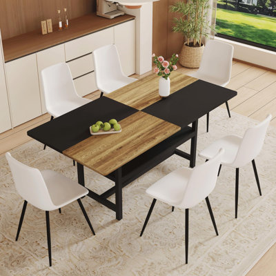 Rectangular Dining Table Set For 6, 71" Farmhouse Dining Table Set With 6 Upholstered Chairs And Storage Shelf, Wooden Tabletop With Metal Frame, Black/Wood Split-Color