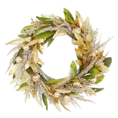 25'' Holiday Wreath with Magnolia Leaves and Ornaments