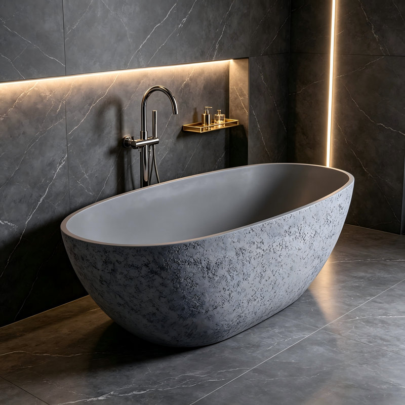 65'' X 33.27'' Freestanding Soaking Solid Surface Bathtub With Pop-Up Drain And Overflow,Body Cement Color+ Outer Dot