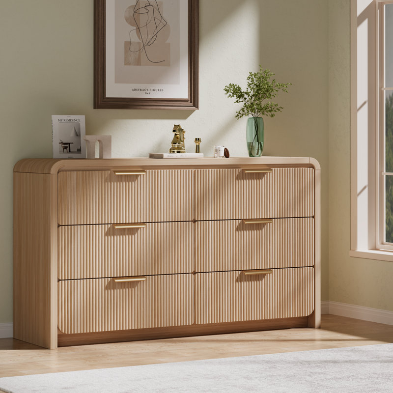 Commode à 6 tiroirs de 119 cm de large pour salon, de style moderne avec bords arrondis, Chêne clair