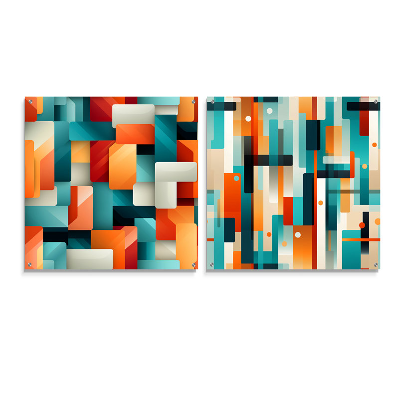 Orange et vert Popart Pop culture Pixels - formes abstraites en acrylique, ensemble d'art sur verre, ensemble de 2