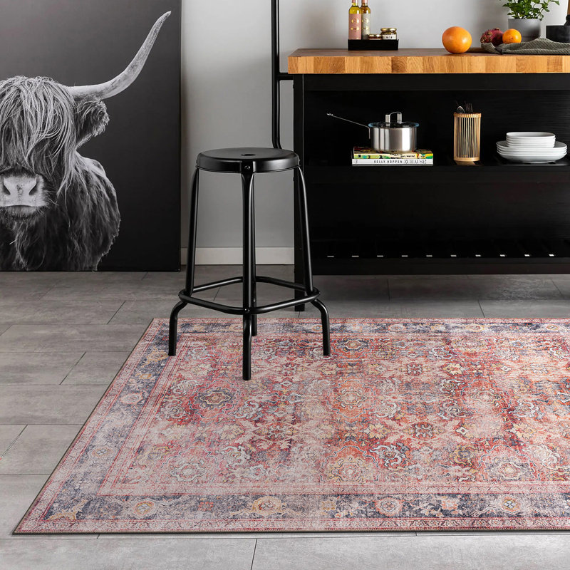 Vintage Bordered Machine Washable Non Slip Area Rug, Rectangle 3'4" x 5'