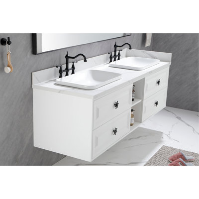 L'armoire de meuble-lavabo mural convient aux lavabos doubles et aux armoires seulement (comptoir et lavabos non inclus)