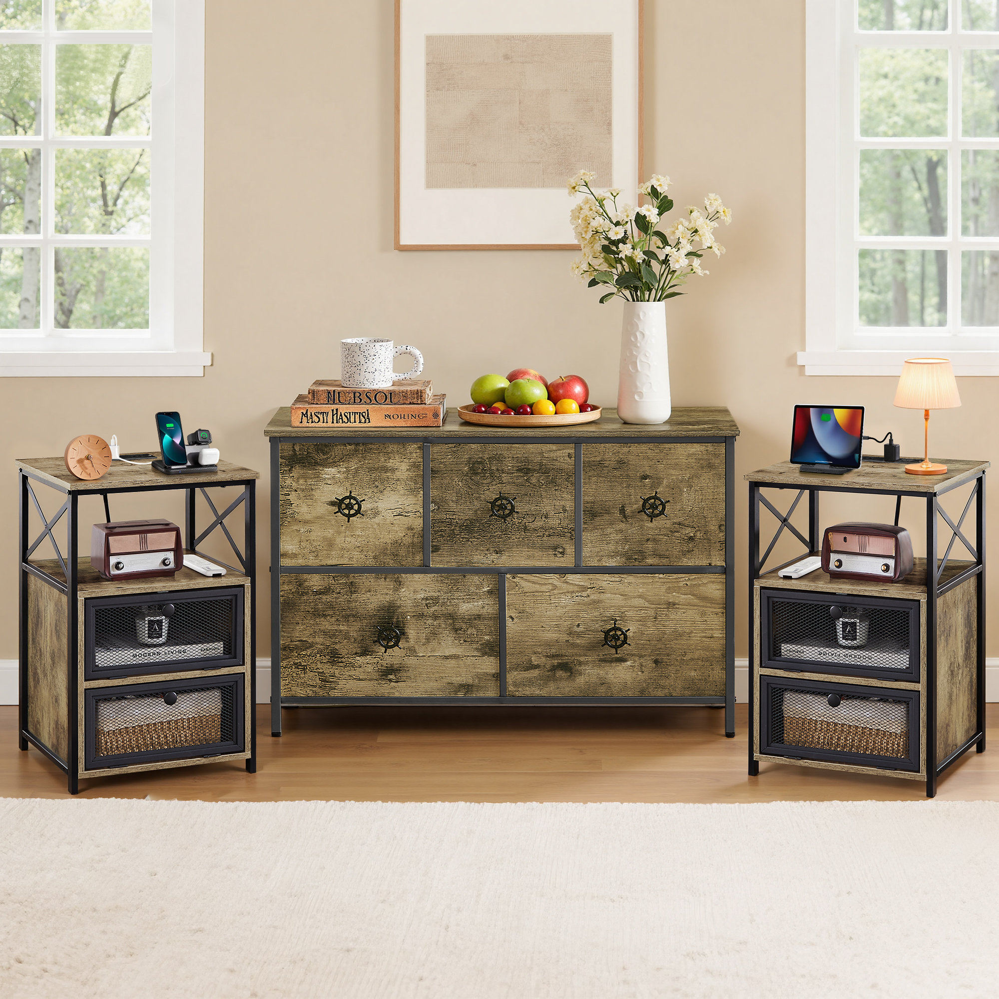 17 Stories 3 Piece Bedroom Dresser Set, Rustic Gray 5 Drawer Storage ...