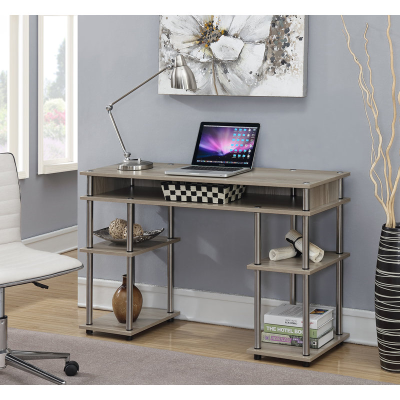 Bureau d'écriture avec tablettes sans outils Edwin, Blanc glacé / mâts argentés