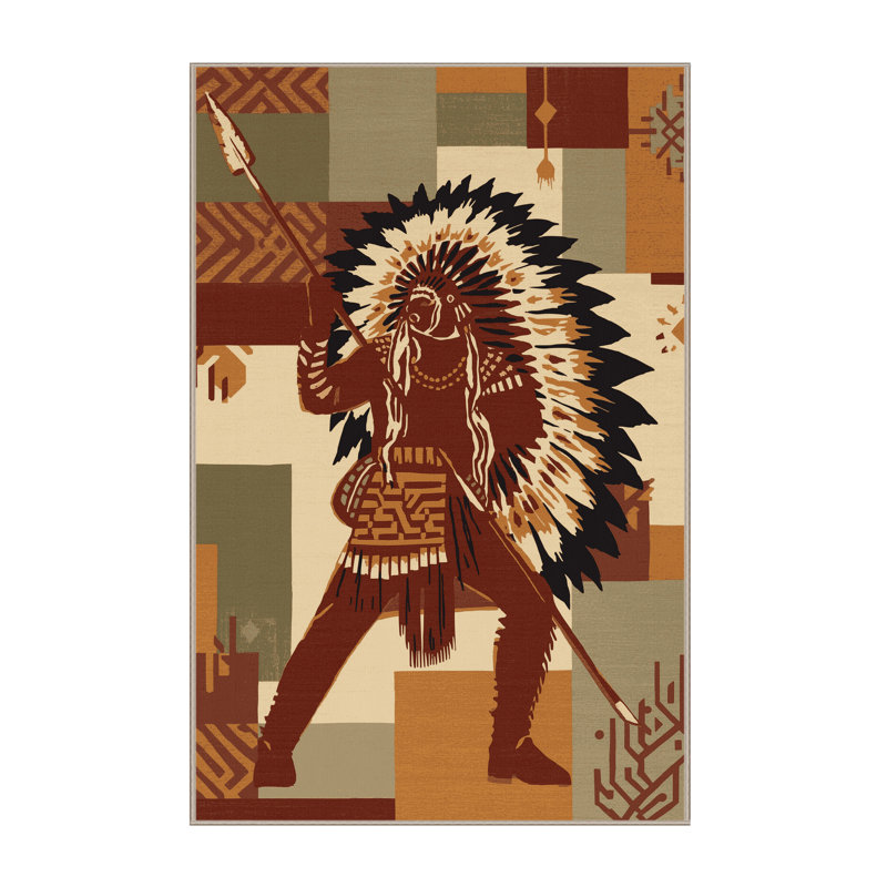 Soft Plush Dunton Plains Warrior Spear Global Inspired Block Print Area Rug in Brown – Beige Binding, 4x6