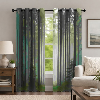 2Pcs Green Forest Scenery Curtains, Nature Style Curtain, Vibrant Woodland Landscape Printed Art Grommet Drapes, Window Treatment for Bedroom Living Room Decor