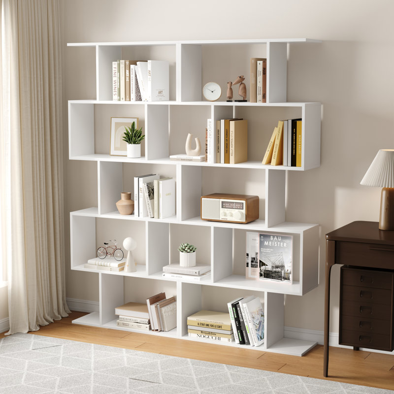 5-tier Geometric Bookcase, S-shaped Modern Bookshelf Set Of 2, 62.6" Tall Room Divider Book Shelf, Decorative Display Shelf
