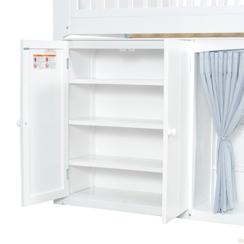 Full Size Loft Bed With Storage Cabinet, Wardrobe And LED, White