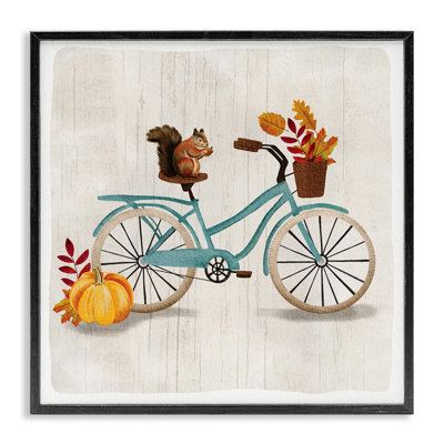 Squirrel on Blue Bicycle Autumn Foliage Basket - Graphic Art on Canvas