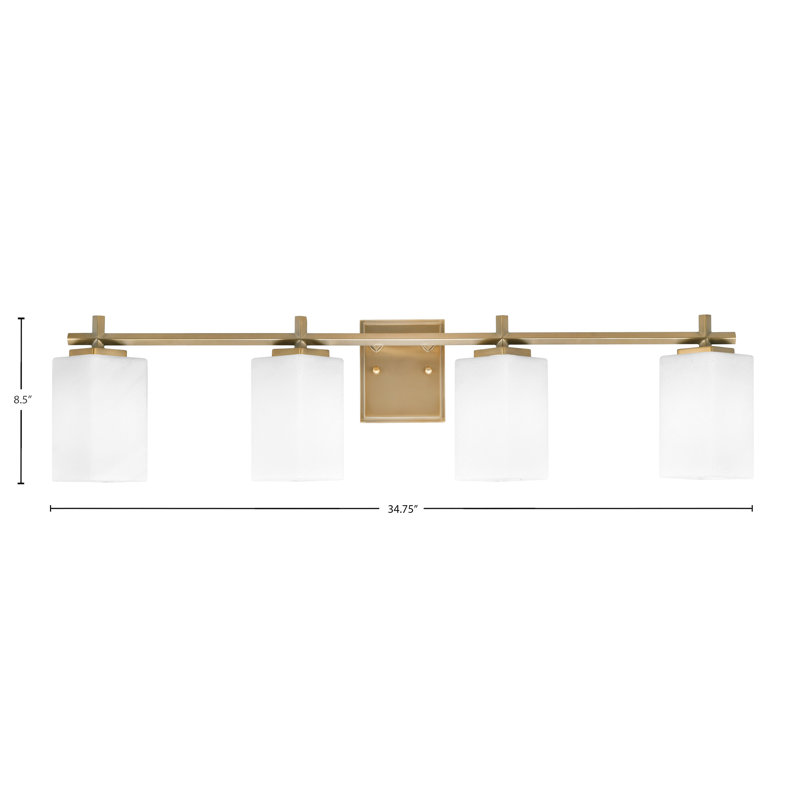 Barre d'éclairage de salle de bain 4 lumières avec verre carré en marbre blanc Franklin 3,5, Laiton