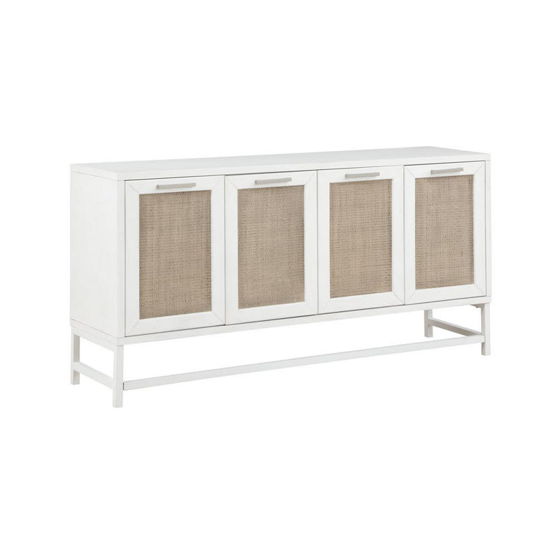 Wooden 4 Door White Media Credenza Sideboard With Brown Woven Rattan Doors And Metal Base