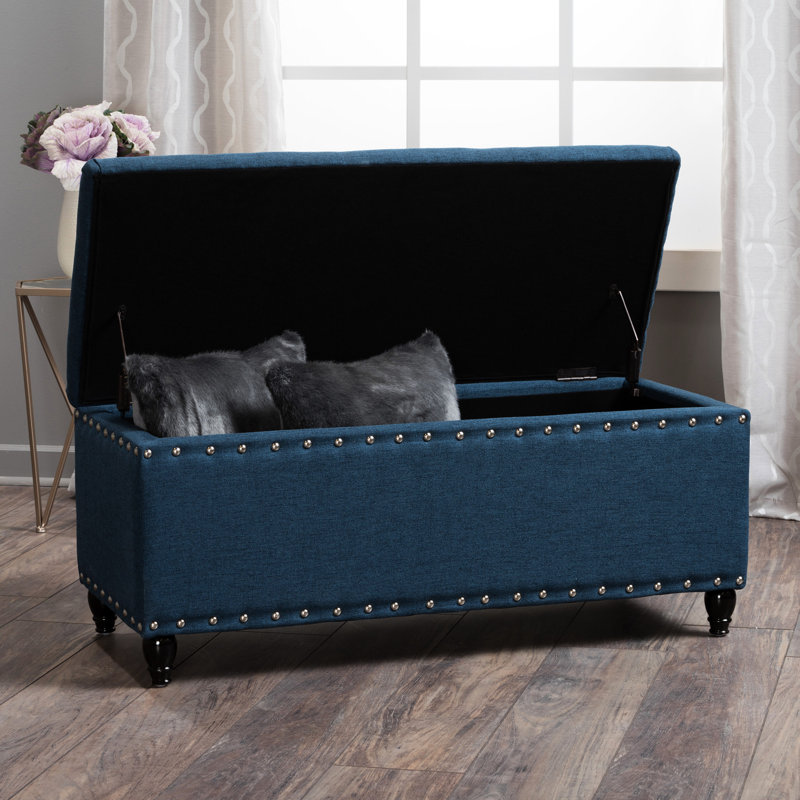 18.54"D X 41.02"W 18.54"H Storage With Navy Blue Fabric And Birch Legs In Dark Brown For Entryway Shoe Rack Area,, Navy Blue