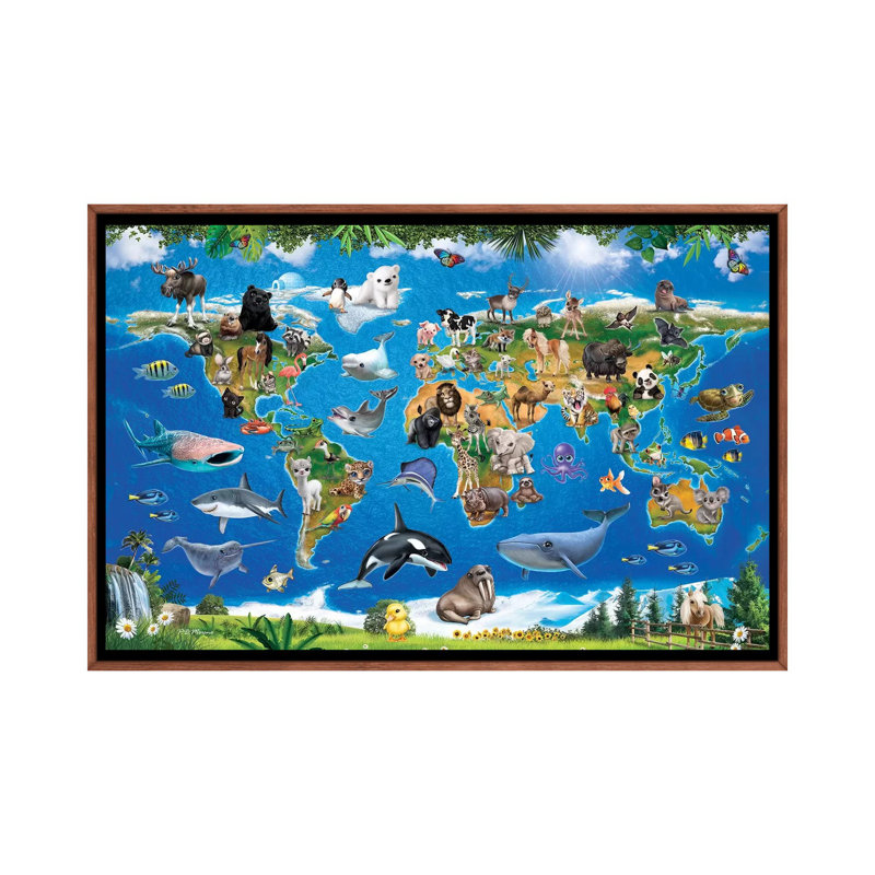 Animal Club World Map by P.D. Moreno - Print on Canvas, 66.04 cm H x 45.72 cm W, Classic Brown Wood Framed